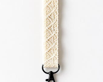 Handmade Ivory Crochet Keychain Wristlet – Boho Key Fob