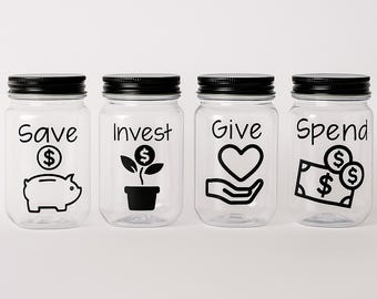 Save Spend Give Invest Jar Set – 4-Piece Money Lesson Jars – Personalized Budgeting & Teaching Gift