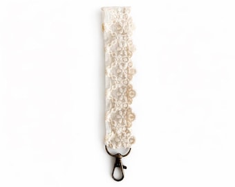 Handmade Ivory Embroidered Lace Keychain Wristlet – Vintage Glam Key Fob