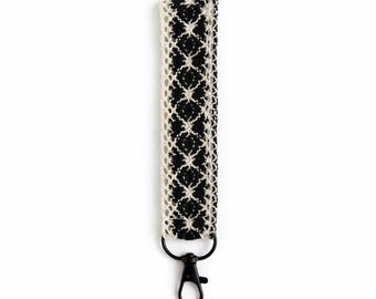 Handmade Black and Beige Crochet Keychain Wristlet – Boho Key Fob