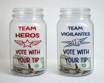 Superhero Tip Jar Vinyl Decals – Team Heros vs Vigilantes, DIY Counter Sign