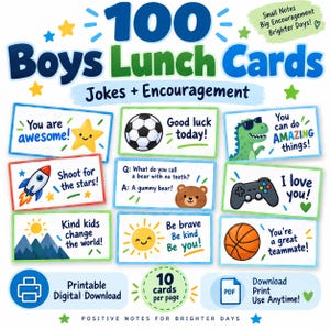 Puede incluir: Un conjunto de 100 tarjetas de almuerzo para niños con chistes y mensajes de ánimo. Las tarjetas incluyen ilustraciones coloridas de estrellas, un balón de fútbol, un dinosaurio, un cohete, un oso, un mando de juego, un sol y montañas.