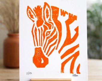 Neon Orange Zebra Block Print, 5x7" – Hand Pulled, Limited Edition Shelf Art