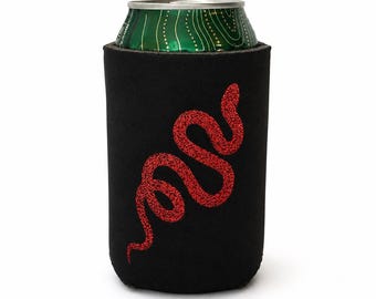 Red Glitter Snake Can Cooler | Double-Sided Reptile Lover Koozie, Gothic Beer Sleeve