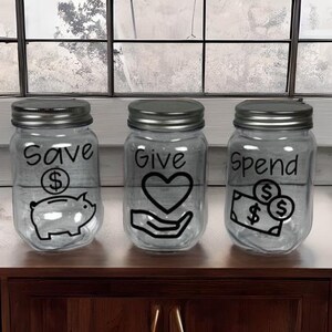 Set of 3 Plastic Save, Give and Spend Jars - Save Jar - Spend Jar - Give - Money - Lesson - Teaching - Personalized - Bucket - Philosophy