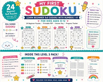 Sudoku for Kids Level 3 Ages 8-12 | Beginner 9x9 Number Sudoku Puzzles | Printable Logic Activity PDF | Instant Download