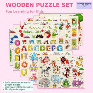 Montessori Wooden Puzzle Set for Kids, Large Knob Puzzle Board, Animal Alphabet Number Vehicle Learning Toy, Toddler Educational Gift