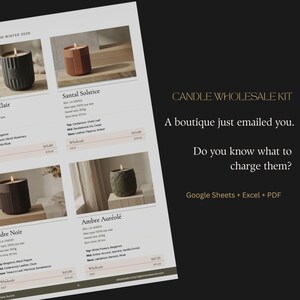 May include: A product catalog page featuring various scented candles with detailed descriptions. The page includes candle names, specifications, and pricing. The text "CANDLE WHOLESALE KIT" and a question about pricing are also visible.