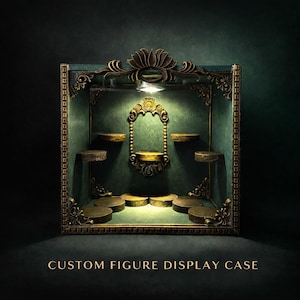 May include: A custom figure display case with a teal green interior and ornate gold trim. The case features multiple circular shelves and a central decorative mirror. The text "CUSTOM FIGURE DISPLAY CASE" is at the bottom.