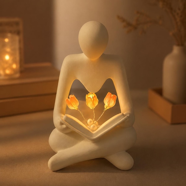 Lese Figur Tulip Lampe, Nachtlicht für Buchliebhaber, gemütliche Schreibtischdekoration, skandinavischer Wohnakzent, Lesergeschenk, Schlafzimmer Ambient Lamp