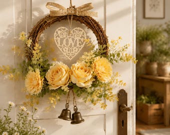 Rustic Yellow Rose Wreath with LOVE Heart, Handmade Door & Wall Decor, Farmhouse, Woodland Nursery, Girls Room, Cozy Home