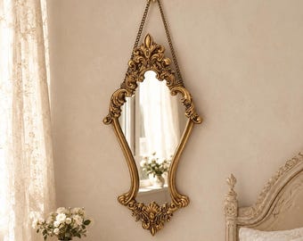 Miroir mural doré vintage, miroir de coiffeuse de style rococo français, décor baroque orné, miroir de style antique, élément romantique pour la chambre, cadeau élégant
