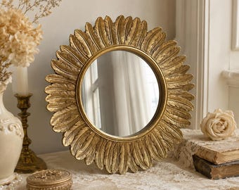Vintage Gold Sunburst Mirror, Feather Wall Mirror, Antique Round Vanity Mirror, French Country Decor, Elegant Bedroom & Entryway Wall Decor