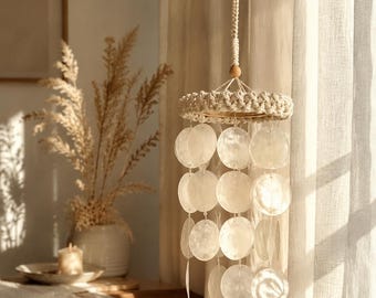 Handmade Capiz Shell Wind Chime, Boho Coastal Home Decor, Nursery Hanging Mobile, Macrame Hanging, Gift for Mom, Relaxing Sound