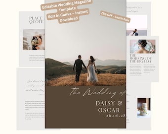 Plantilla editable para revista de bodas en Canva / Plantilla para programa de bodas / Itinerario de bodas imprimible / Periódico de bodas moderno