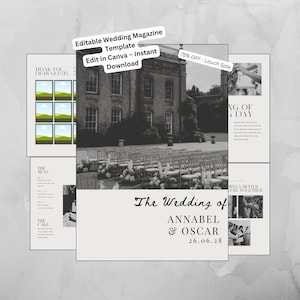 May include: A wedding magazine template with a black and white photo of a wedding ceremony. The text "The Wedding of Annabel & Oscar 26.06.28" is displayed. Additional text includes "Editable Wedding Magazine Template" and "Edit in Canva - Instant Download."
