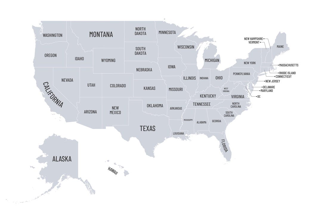 United States of America Map With USA State Names in Simple Grayscale ...