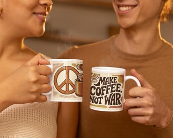ウィットに富んだ「コーヒーを淹れ、戦争はやめよう」11オンスセラミックコーヒーマグ | 皮肉なレトロピースサイン | 60年代70年代グルーヴィーなヒッピーギフト