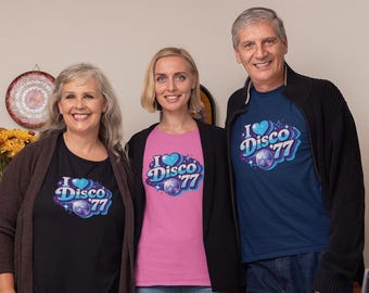 レトロな「I Love Disco 77」Tシャツ、70年代のナイトライフを彷彿とさせるグルーヴィーな音楽グラフィックTシャツ