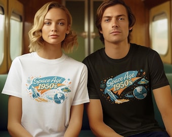 レトロな1950年代宇宙時代Tシャツ、ミッドセンチュリーモダンロケットグラフィック原子科学Tシャツ