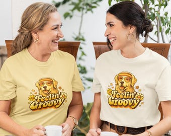 レトロでグルーヴィーなゴールデンレトリバーTシャツ、70年代ヒッピー犬好きのためのグラフィックTシャツギフト