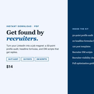 LinkedIn Profile Optimization Kit | 50-Point Audit, 120 Post Templates, Recruiter DM Scripts, Headline Formulas | Digital PDF