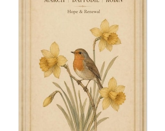 March Daffodil Robin Botanical Print | Vintage Cottagecore Wall Art