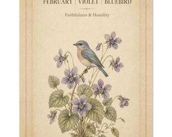 February Violet Bluebird Print, Vintage Botanical Bird Wall Art, Cottagecore Floral Decor