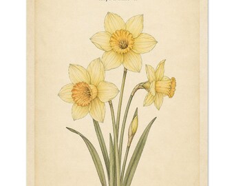 March Daffodil Birth Flower Print | Vintage Botanical Wall Art