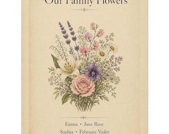 Personalized Birth Flower Bouquet Print | Custom Family Botanical Wall Art (Physical Print)