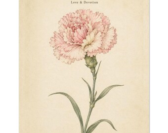 January Carnation Birth Flower Print | Vintage Botanical Wall Art