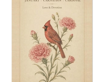 January Carnation Cardinal Print | Vintage Botanical Wall Art (Physical Print)