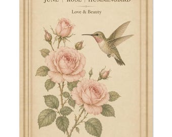 June Rose Hummingbird Botanical Print, Vintage Floral Wall Art, Cottagecore Decor