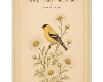 April Daisy Goldfinch Print, Vintage Botanical Bird Wall Art, Cottagecore Floral Decor