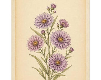 September Aster Birth Flower Print | Botanical Wall Art, Wisdom & Love