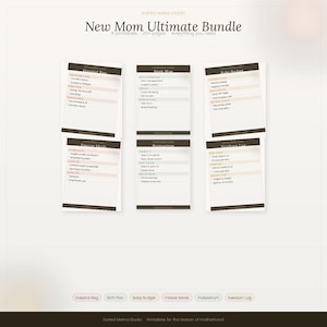 以下が含まれることがあります： 新米ママ向けの印刷可能なチェックリストのバンドル。「New Mom Ultimate Bundle」には、入院バッグのチェックリスト、出産計画、ベビー予算、冷凍食品、産後計画、新生児ログが含まれています。テキストはセリフ体で、明るい背景に表示されています。