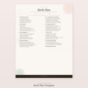 Puede incluir: Una plantilla imprimible del Plan de Nacimiento con secciones para el entorno del parto, el apoyo al trabajo de parto, el manejo del dolor y las preferencias de parto. El documento incluye el texto "Birth Plan".