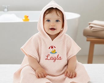 Toalla de playa infantil con capucha personalizada, toalla con nombre de bebé bordado, toalla de playa personalizada, toalla de algodón, regalo para baby shower, regalo para el primer cumpleaños