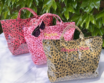 Embroidered Leopard Print Beach Tote Bag, PVC Waterproof Bachelorette Party Favor