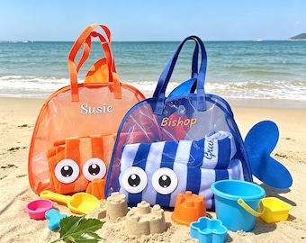 Bolso de playa infantil bordado personalizado, bolso de playa de malla con forma de pez, bolso de playa infantil personalizado, bolso de playa de juguete para niños, regalo para niños