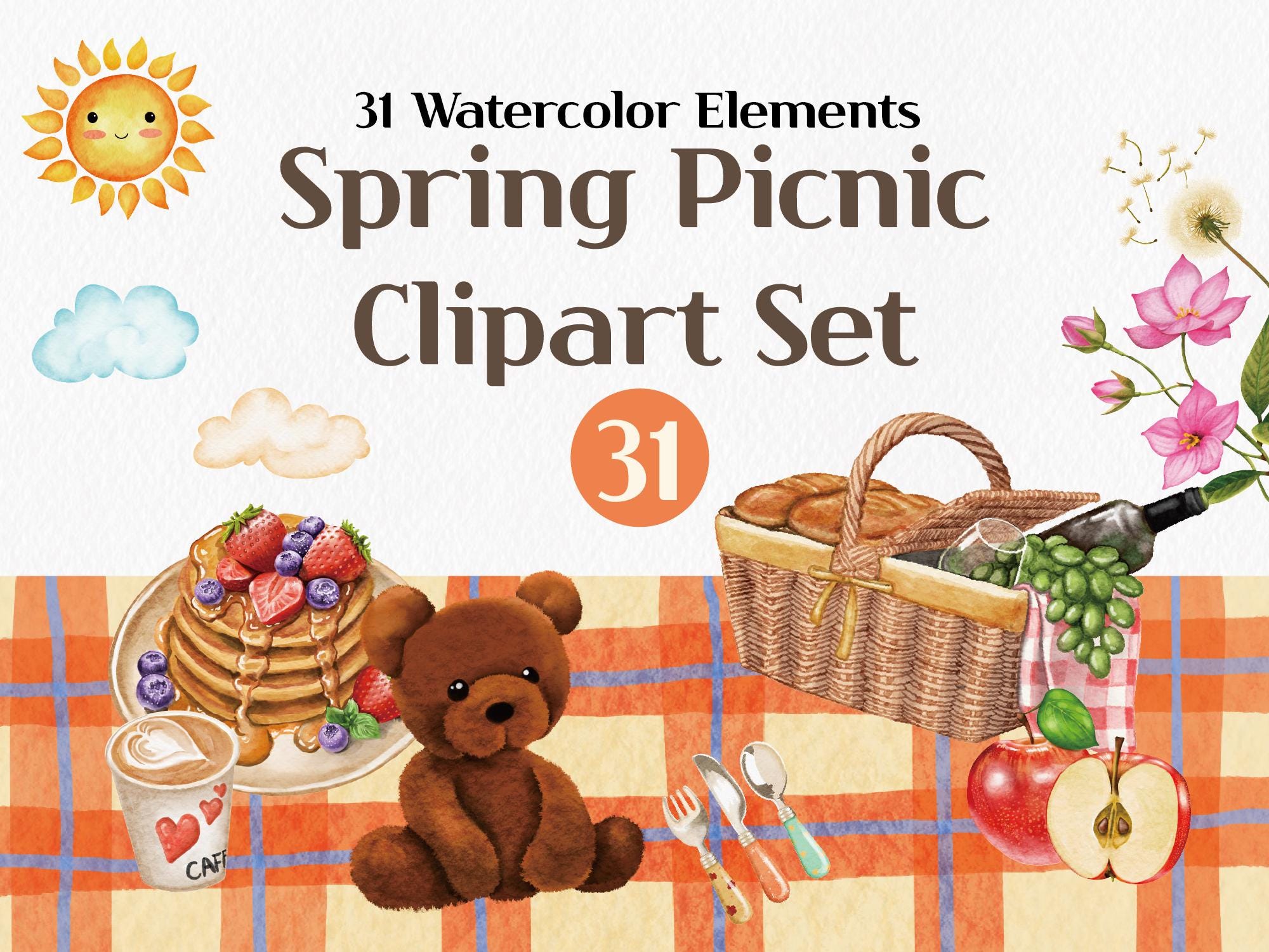 Spring Picnic Graphics Watercolor Spring Picnic Clipart Set, 31 Hand-painted PNG Elements ...