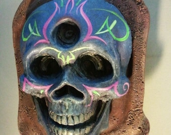 Colorful Calavera    - pinstripe Skull original wall sculpture - Hot Rod Day of the Dead - OOAK