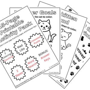 Puede incluir: Un conjunto de páginas de actividades imprimibles para niños, con una portada, páginas para colorear, laberintos, búsquedas de palabras y más. Las páginas incluyen actividades para colorear con temática de gatos y un crucigrama. Recomendado para edades de 6 a 9 años.