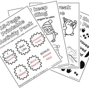 Puede incluir: Un paquete de actividades imprimibles de 15 páginas para edades de 6 a 9 años, con una portada, para colorear, laberintos, búsqueda de palabras y más. Incluye claves de respuestas. Las páginas tienen ilustraciones de pingüinos.