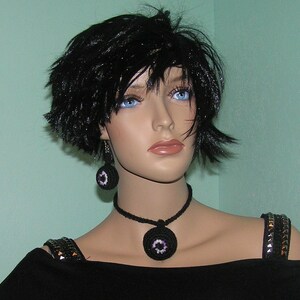 ENSEMBLE CROCHET NOIR bijoux collier et boucles d&#39;oreilles