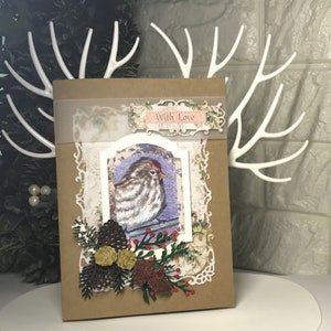 grande carte de voeux oiseau vintage Noël/joyeux anniversaire/carte d'amour/fait main