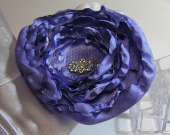 wedding Lilac satin rose brooch hand made with rhinestone