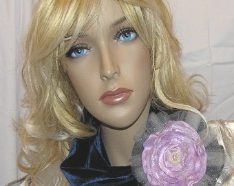 BLUE  VELVET COWL neck wormer  embellished with  pink satin flower brooch design hand made