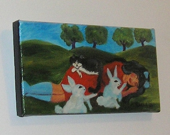 canvas SNOW  WHITE and the rabbits cat ORIGINAL  painting  acrylic vibrant  6 x 12 inch