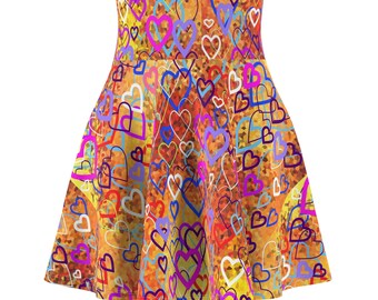 Women's Skater Skirt (AOP) orange yellow heart pattern print skirt